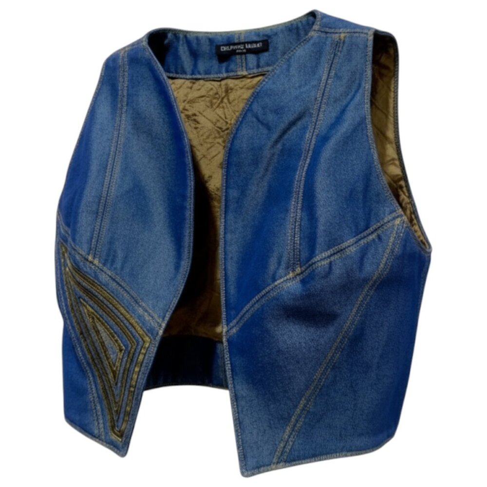 DELPHINE MURAT - VINTAGE -  METALIZED DENIM VEST - GOLD RIBBONS EMBRODERED - XS